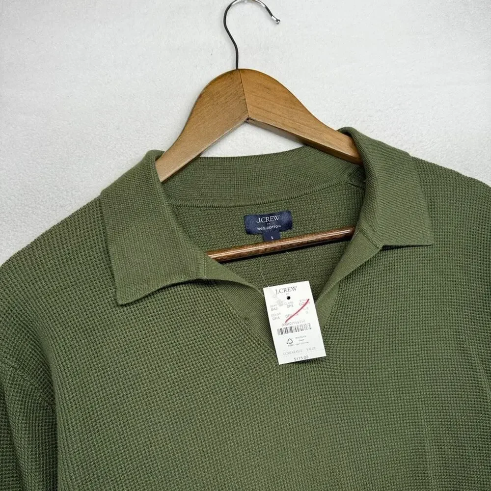 J Crew Polo Shirt Mens Small Green Sweater Thermal Waffle Knit Johnny Collar NEW